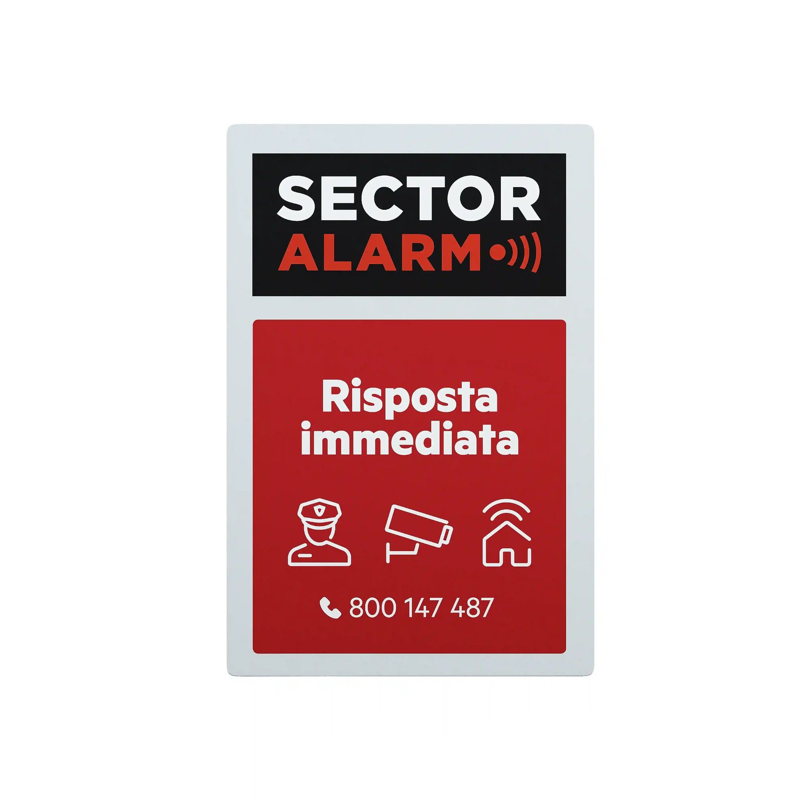 Autocollant alarme Sector Alarm affichant “Réponse immédiate”, avec pictogrammes de sécurité et numéro de service visible.