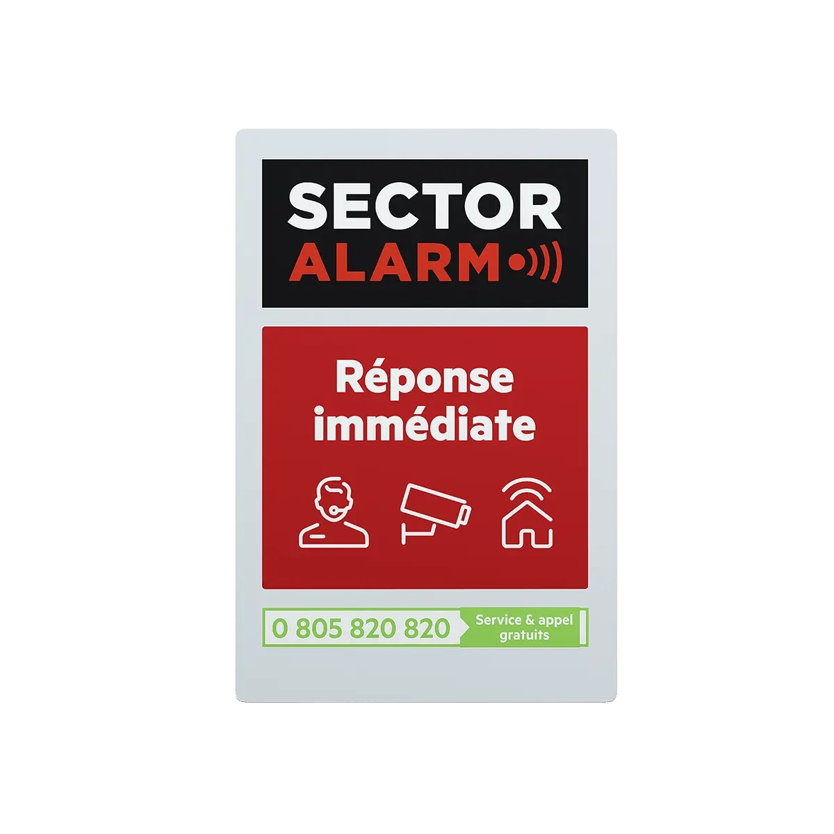 Autocollant alarme Sector Alarm affichant “Réponse immédiate”, avec pictogrammes de sécurité et numéro de service visible.