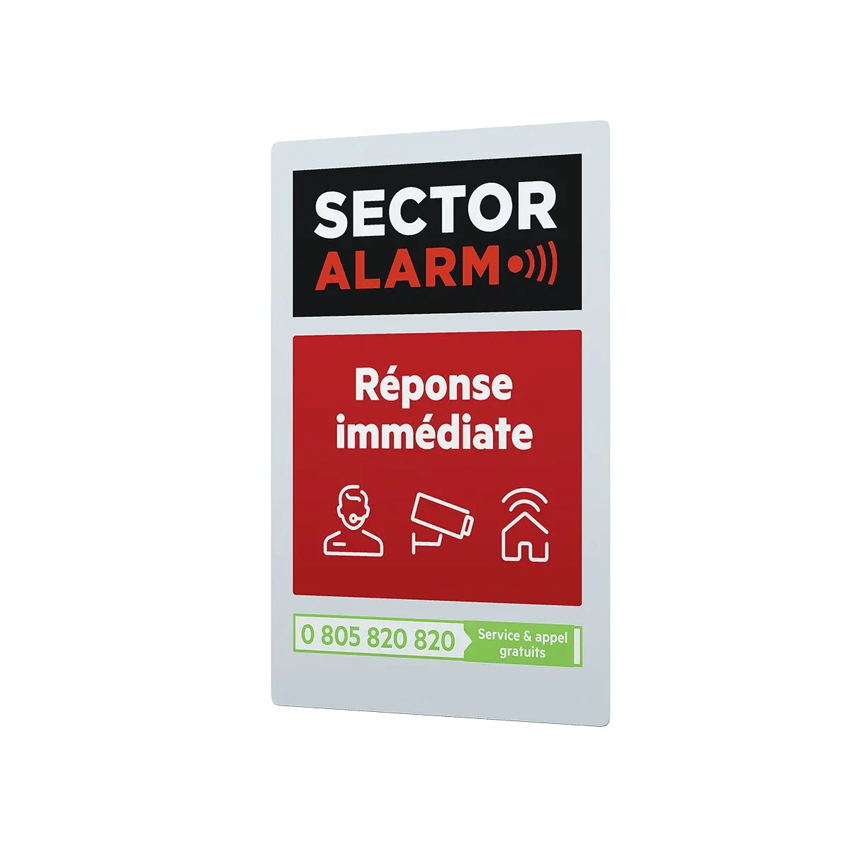 Vue latérale d’un autocollant alarme Sector Alarm indiquant “Réponse immédiate”, symbole clair de protection domestique.
