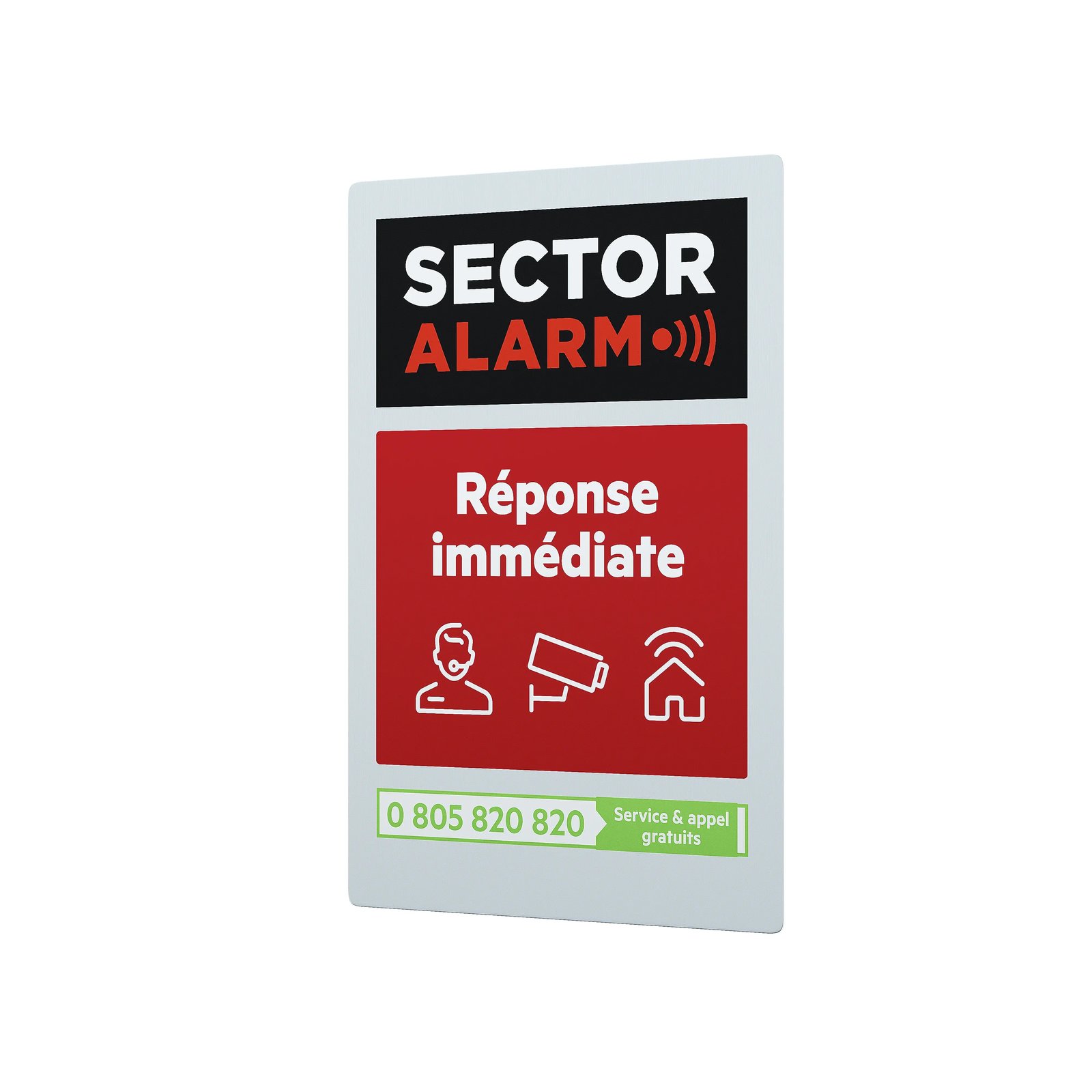 Vue latérale d’un autocollant alarme Sector Alarm indiquant “Réponse immédiate”, symbole clair de protection domestique.