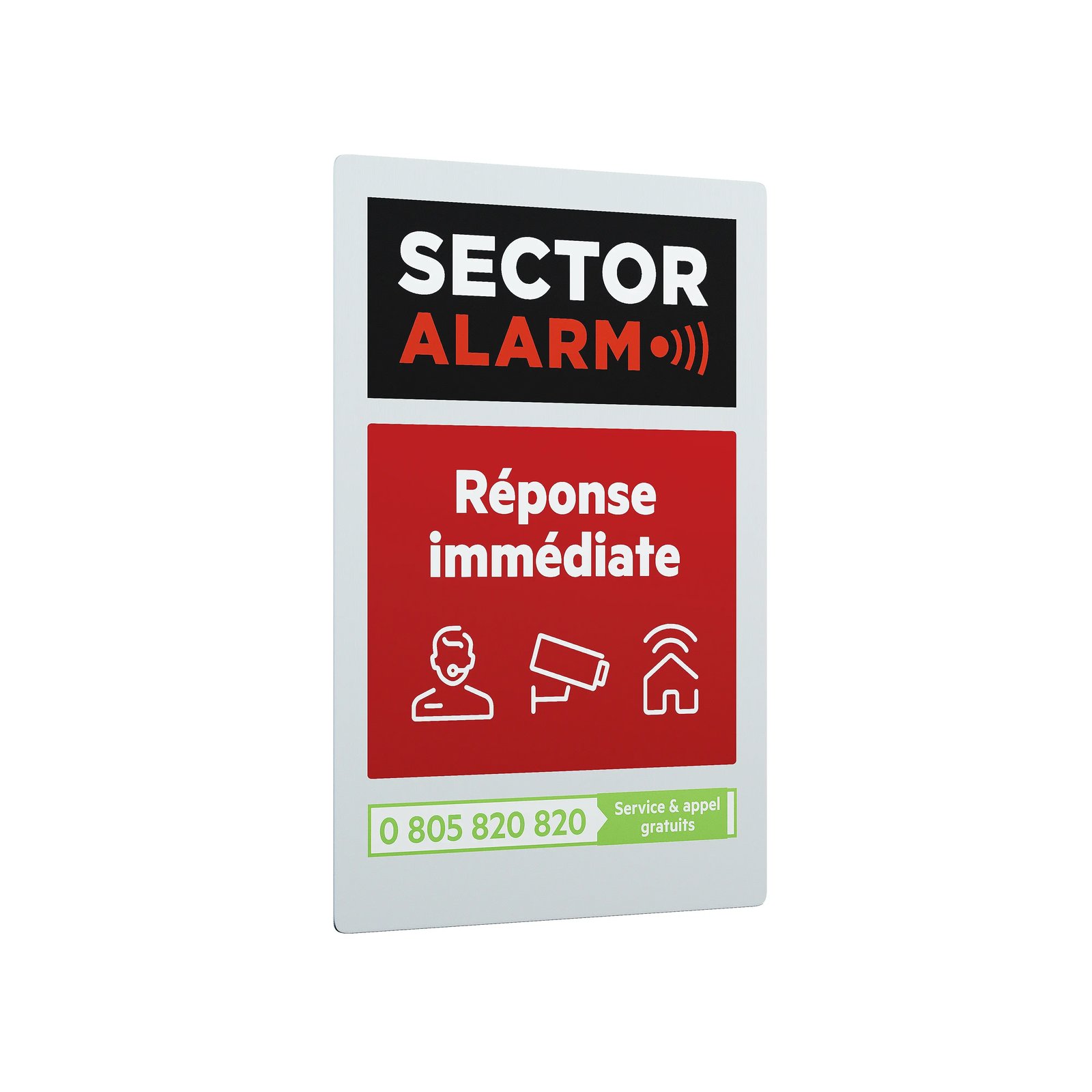 Gros plan d’un autocollant alarme Sector Alarm “Réponse immédiate” avec pictogrammes de surveillance et numéro gratuit.