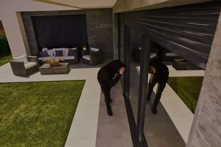 Cambrioleur tentant de forcer une baie vitrée, dissuadé par une alarme intrusion efficace Sector Alarm.