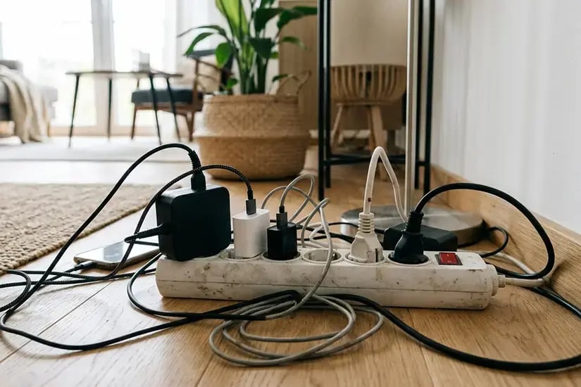Multiprise surchargée avec plusieurs appareils branchés risque de surchauffe