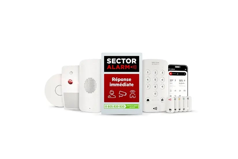 Kit complet d’alarme filaire maison avec détecteurs, centrale, clavier, télécommandes et application mobile connectée.